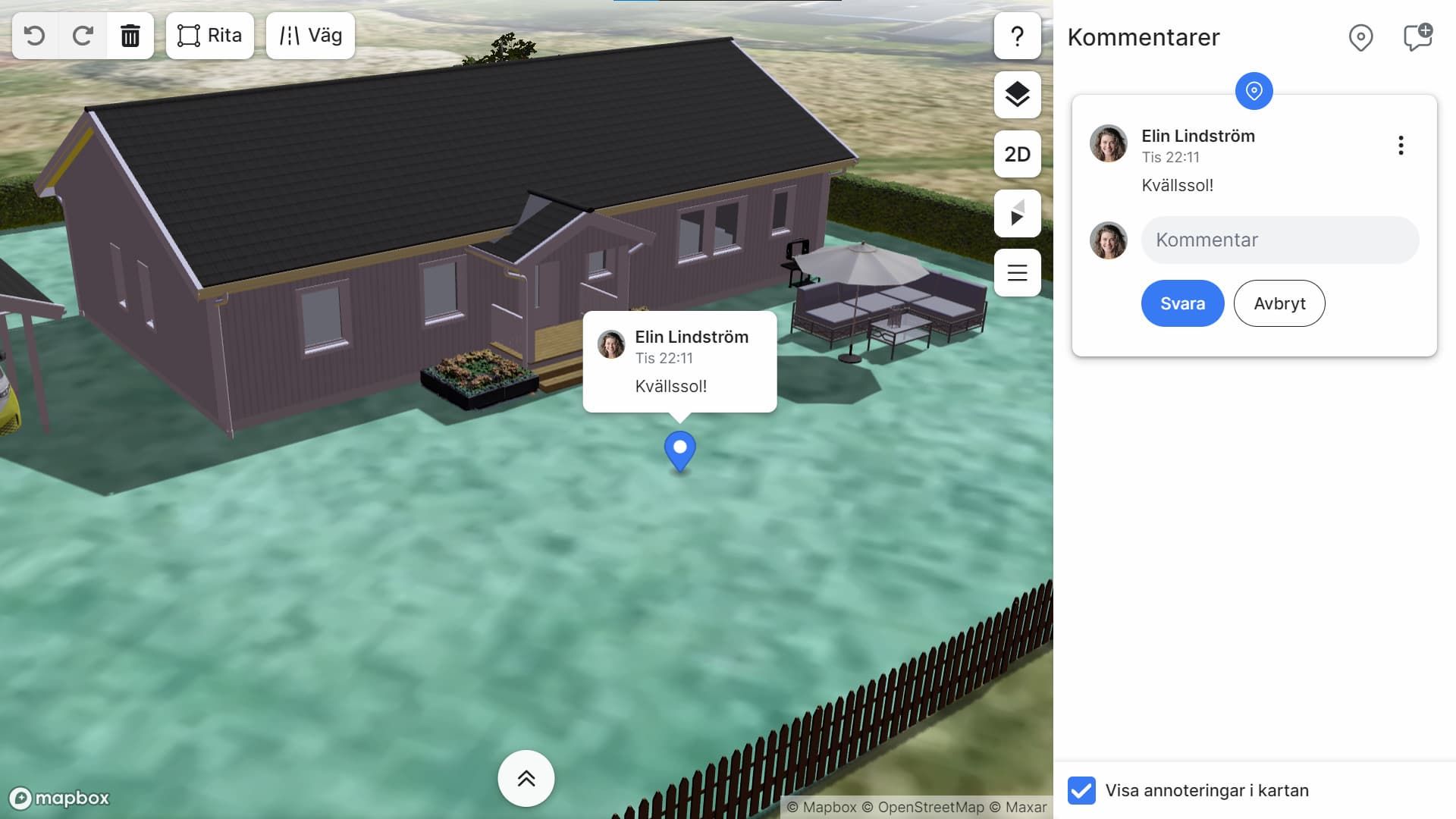 En interaktiv modell med ett enplanshus och utemöbler. Vid utemöblerna finns en annotering med texten 'Kvällssol här!'