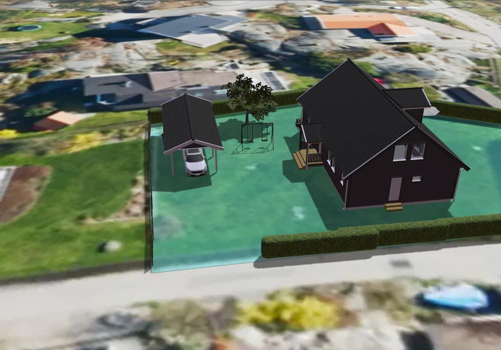 Interaktiv modell över en tomt med ett 1,5-planshus samt garage och trädgård