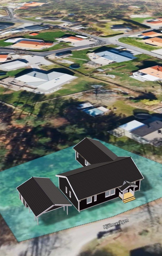 En karta med ett hus från Älvsbyhus placerad på en tomt med tomtgränser.