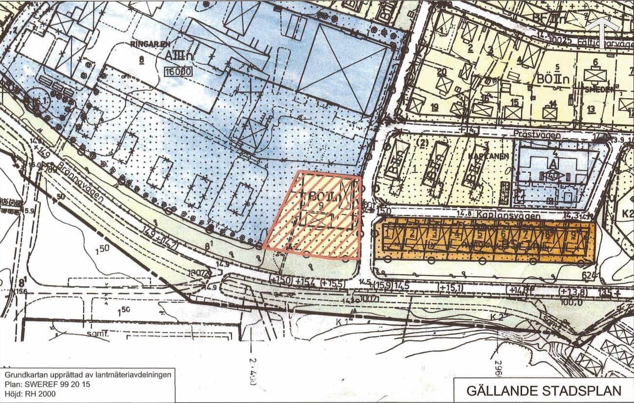 Plankarta som visar planbestämmelserna för ett bostadsområde