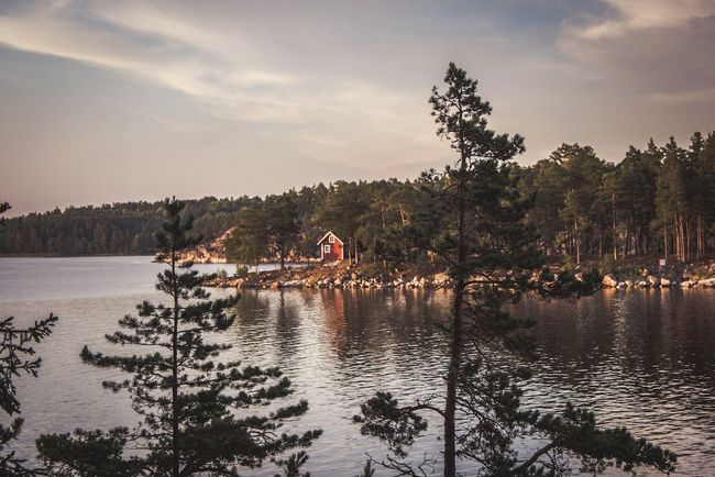 Ett rött trähus på en ö i en vacker skärgårdsmiljö
