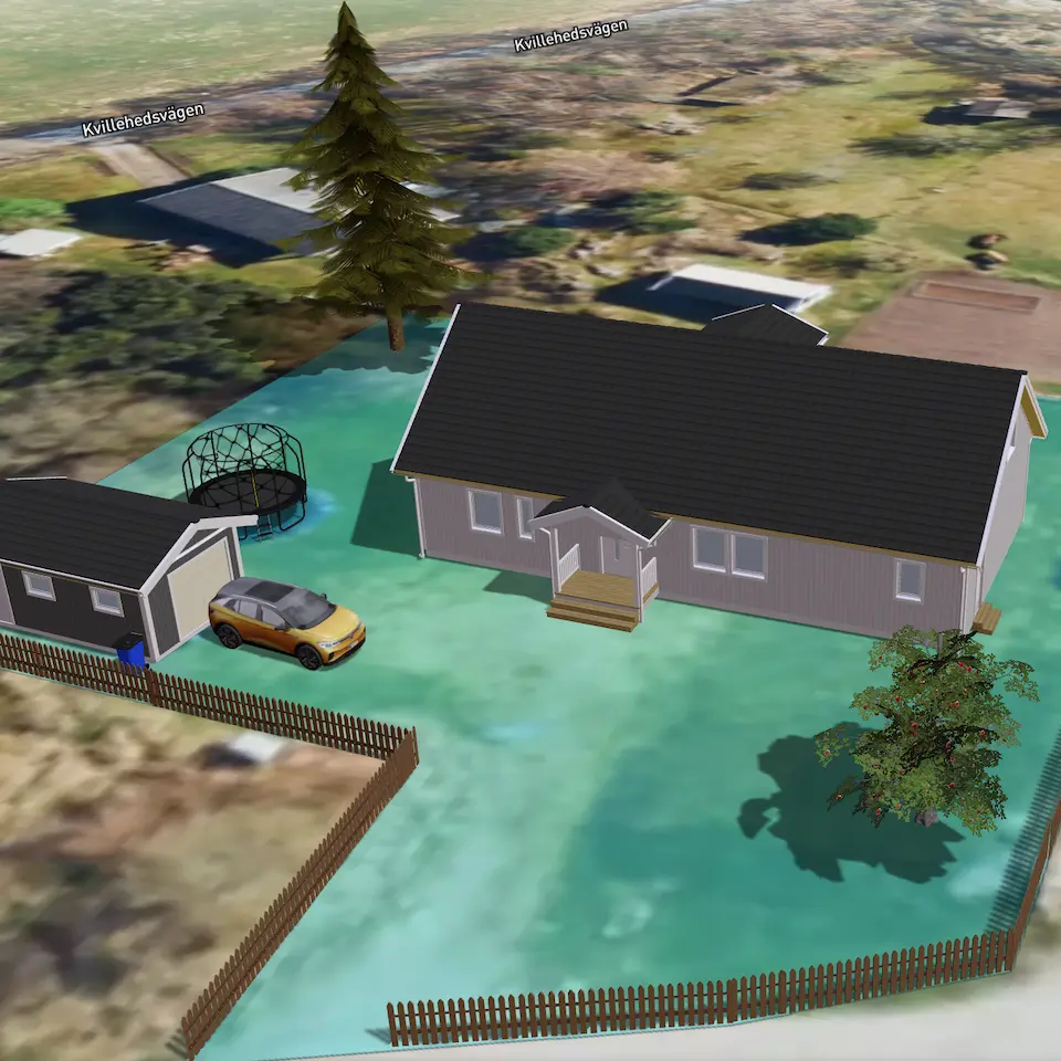 Interaktiv vy av en tomt med ett nyckelfärdigt hus och garage