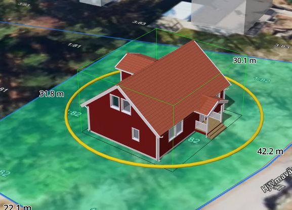 3D-modell av ett rött hus utplacerad i ett kartverktyg