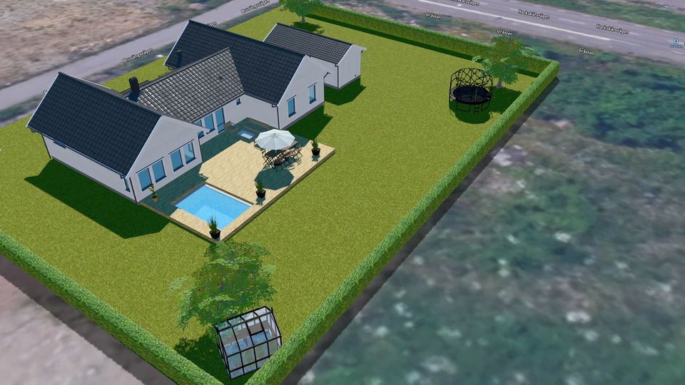 En karta med ett hus från LB-Hus placerad på en tomt med tomtgränser.