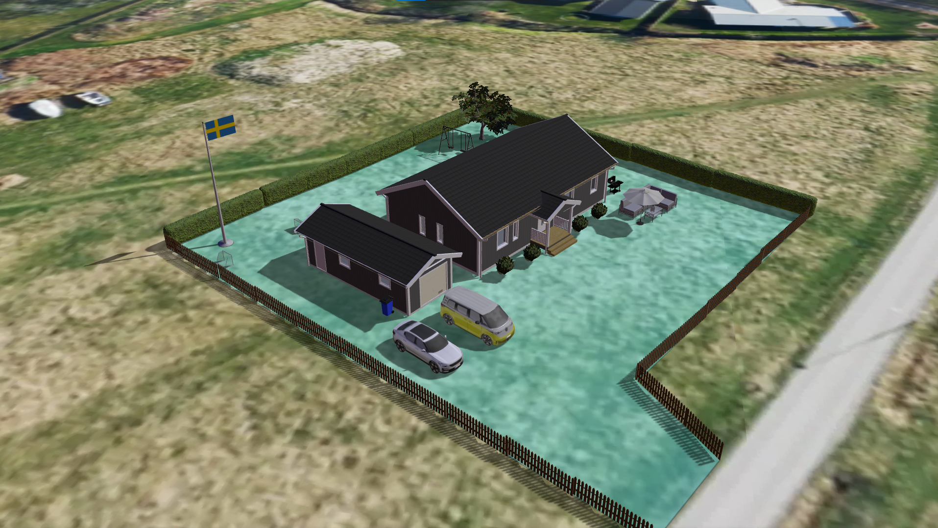 Vyn av en tomt i en interaktiv tomtkarta där ett hus, garage och flera 3D modeller har placerats ut