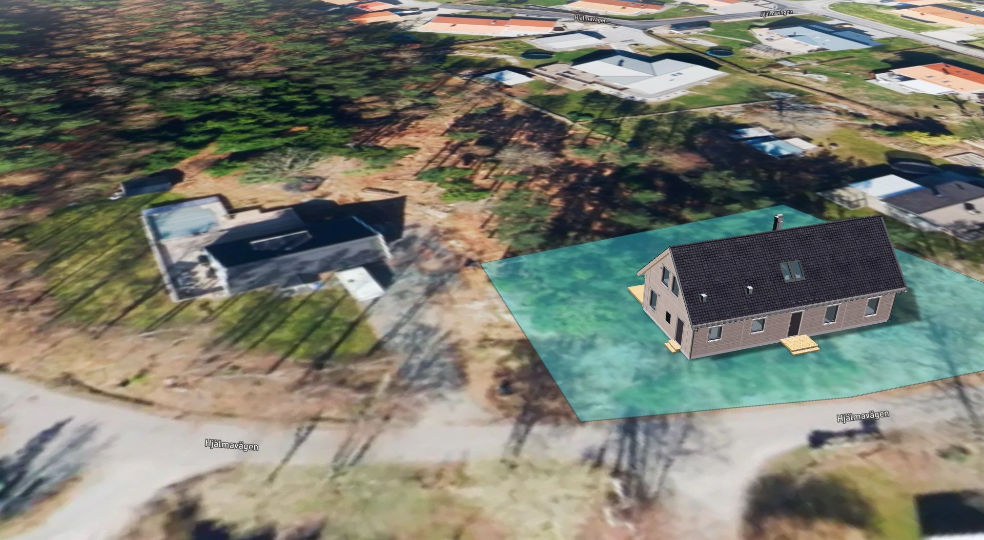 En karta med ett hus från Movehome placerad på en tomt med tomtgränser.