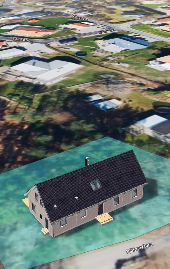 En karta med ett hus från Movehome placerad på en tomt med tomtgränser.