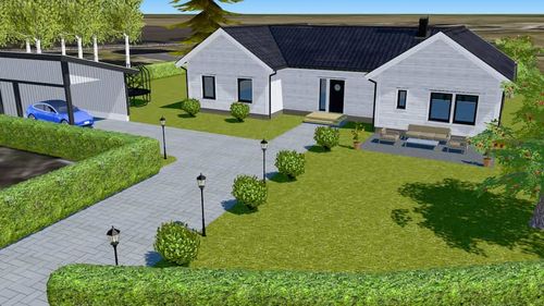 Vitt H-hus med garage och en fin trädgård