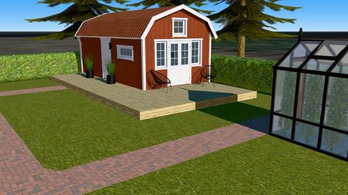 Ett rött attfallshus med altan och närliggande växthus