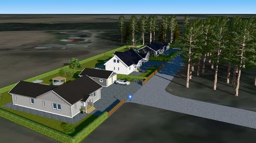 Ett grått vinkelhus med en stor altan och pool