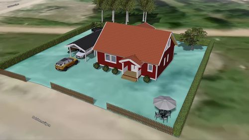 Ett rött småhus på en tomt på en tomt med omgivande buskar, träd och garage