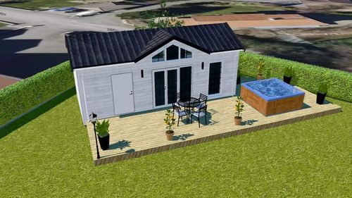 En skiss av ett attfallshus i hörnet av en tomt samt närliggande spabad