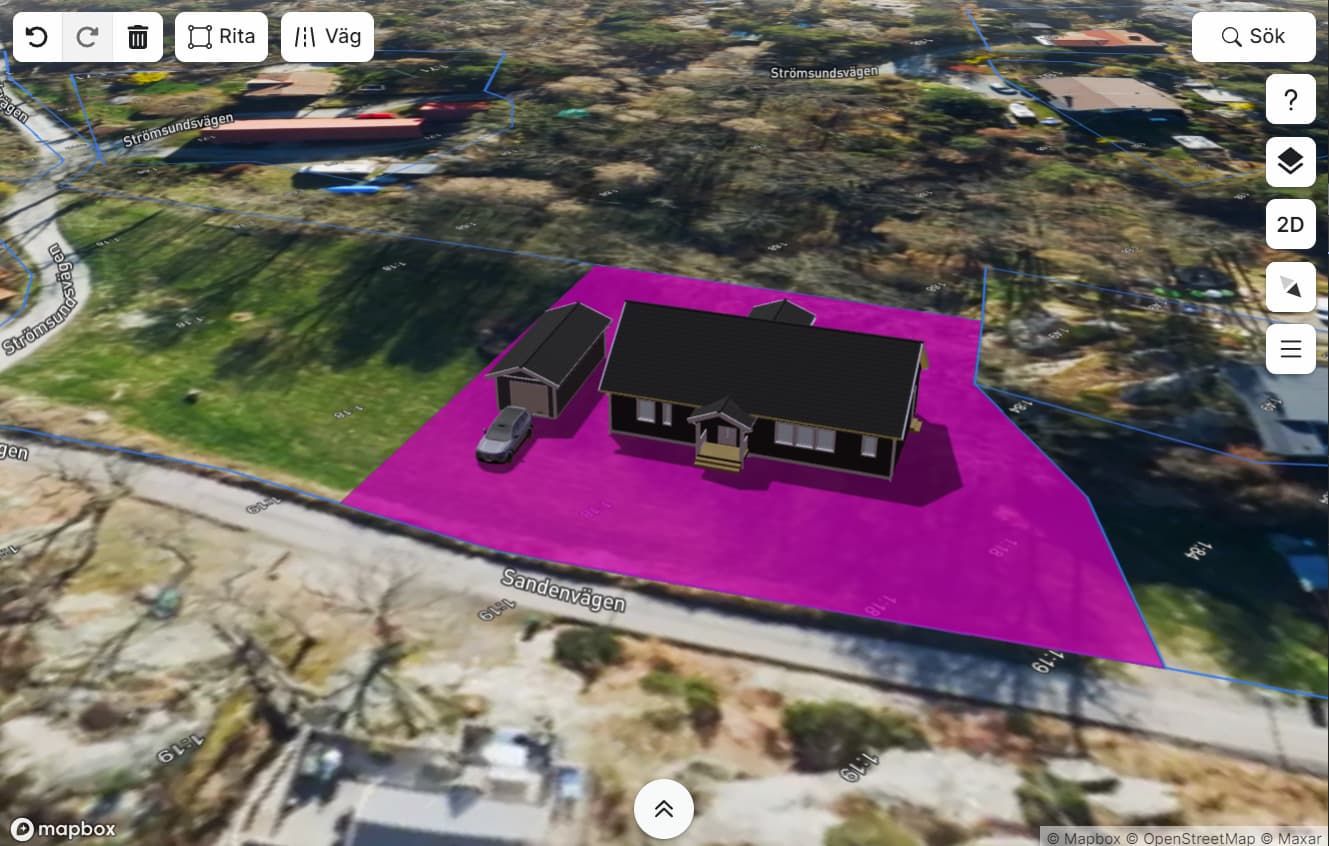 Kartverktyg som visar en tomt med utplacerade 3D-modeller av hus, garage och en bil