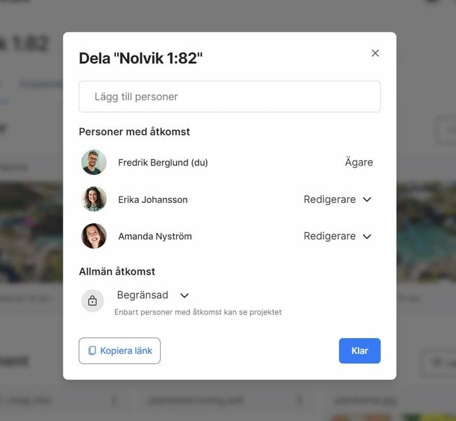 Skärmavbild av dialogruta för att dela husprojekt