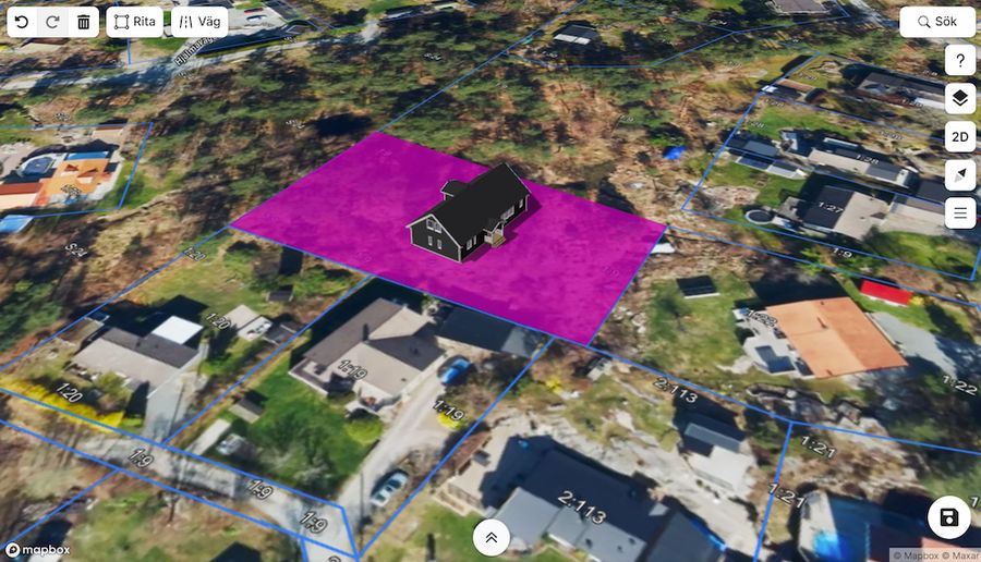 Interaktiv karta med tomtgränser och en utridad avstyckningslott. På avstyckningslotten finns även en 3d-modell av ett hus.