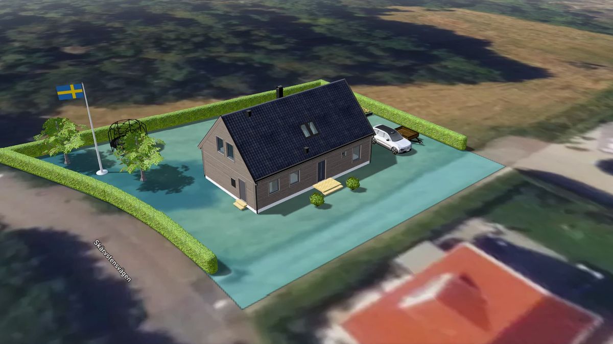 En husmodell från Trivselhus som placerats ut i Devolvs kartverktyg
